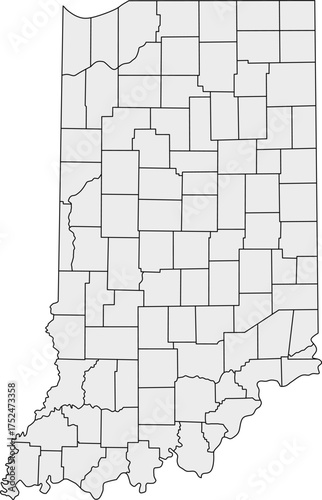 Detailed vector map of Indiana state outline with all internal county borders and administrative divisions, rendered in gray, a complete political template of the Midwestern U.S. territory.

