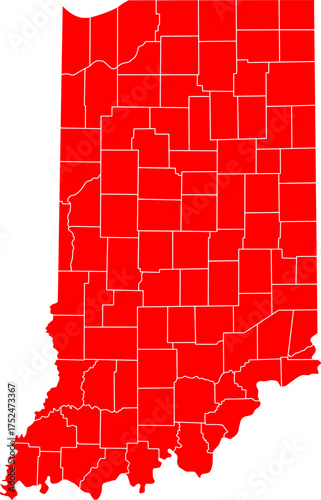 Detailed vector map of Indiana state outline with all internal county borders and administrative divisions, rendered in red, a complete political template of the Midwestern U.S. territory.

