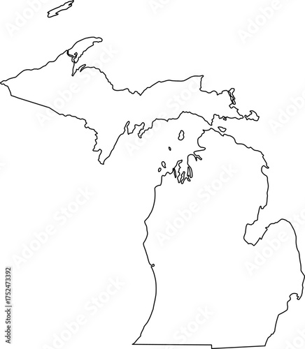 Simple vector outline of Michigan state boundary, a clean, minimalist graphic of the Great Lakes territory, including both the Upper and Lower Peninsulas.

