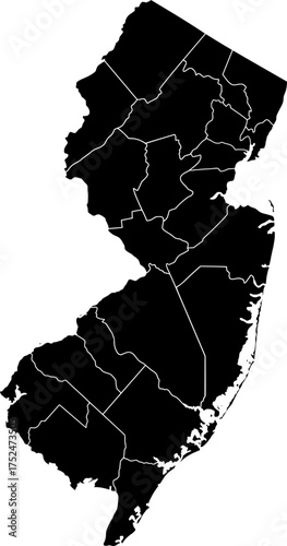 Detailed vector map of New Jersey state outline with all internal county borders and administrative divisions, rendered in black, a complete political template of the Mid-Atlantic U.S. territory.

