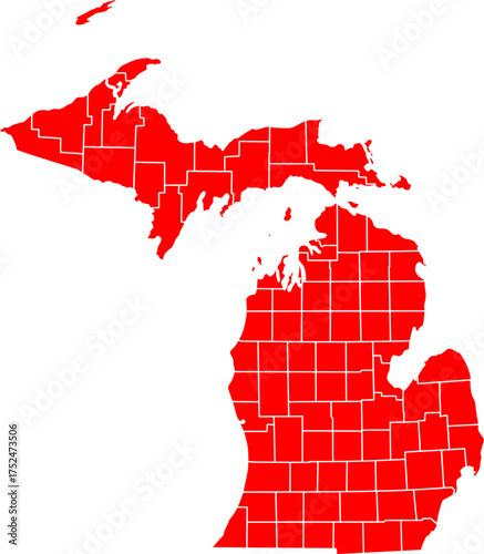 Detailed vector map of Michigan state outline with all internal county borders and administrative divisions, rendered in red, a complete political template of the Great Lakes U.S. territory.

