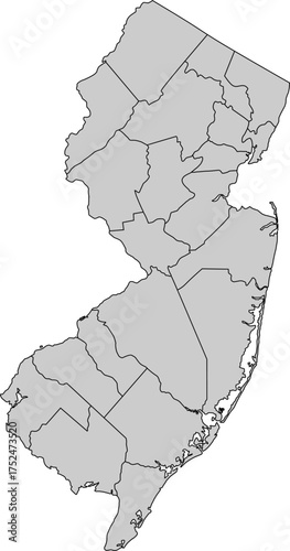 Detailed vector map of New Jersey state outline with all internal county borders and administrative divisions, rendered in gray, a complete political template of the Mid-Atlantic U.S. territory.