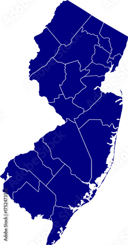 Detailed vector map of New Jersey state outline with all internal county borders and administrative divisions, rendered in dark blue, a complete political template of the Mid-Atlantic U.S. territory.

