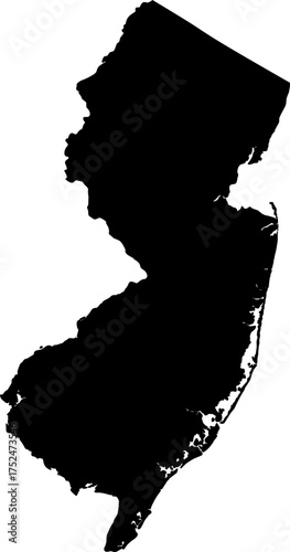 Black silhouette vector of New Jersey state boundary, rendered in a solid black fill, providing a clean, minimalist, and impactful graphic representation of the Mid-Atlantic U.S. territory.

