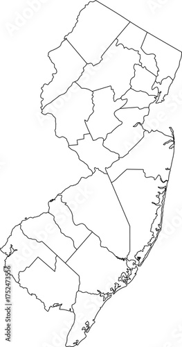 Detailed vector map of New Jersey state outline showing all internal county borders and administrative divisions, presented as a blank template map of the Mid-Atlantic United States territory.

