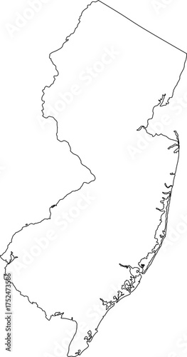 Simple vector outline of New Jersey state boundary, a clean and minimalist graphic representation of the Mid-Atlantic U.S. territory known as the Garden State.

