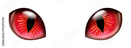 A pair of fiery red feline eyes with sharp vertical pupils, radiating an eerie, supernatural glow. The irises feature intricate textures and glossy highlights that simulate depth and realism.
