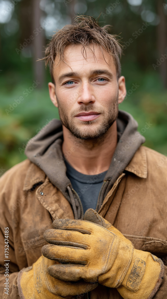 Obraz premium Man preparing for outdoor work by pulling on heavy gloves in forest camp setting