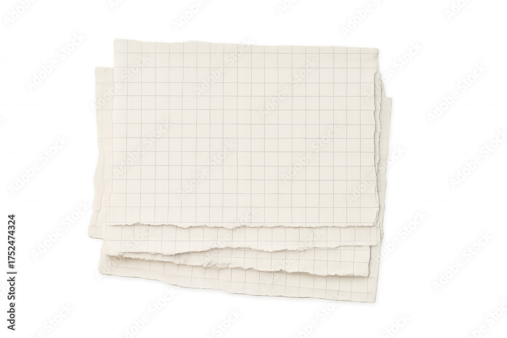 Fototapeta premium Torn graph paper stack creating rough vintage texture, blank memo notes with transparent background