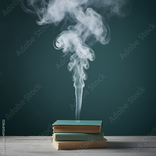 Wallpaper Mural A column of white smoke rises dramatically from a stack of two old books on a light wooden surface against a dark teal background. Generative AI. Torontodigital.ca
