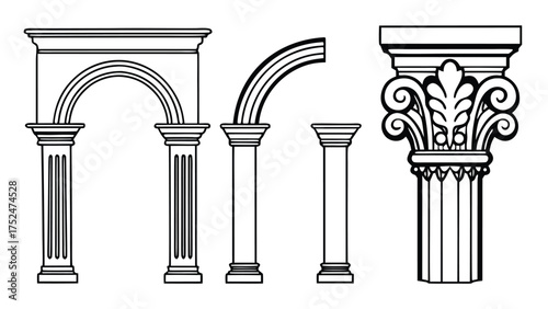 Architectural Motifs, Classical elements Blocks Design Vector Line Art Cad Drawings of structural elements, historical design, decorative motif
