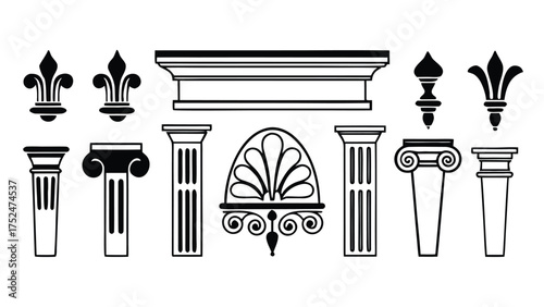 Architectural Motifs, Classical elements Blocks Design Vector Line Art Cad Drawings of structural elements, historical design, decorative motif