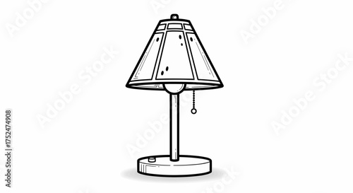 Detailed drawing of a classic tabletop lamp with a paneled shade, an isolated black and white vector illustration