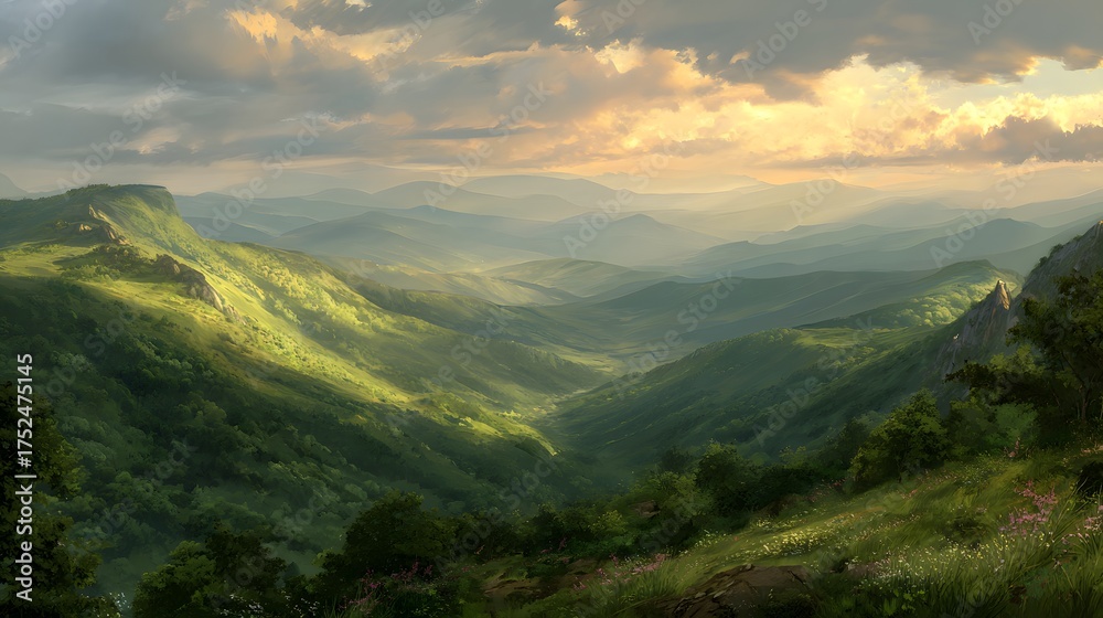 Fototapeta premium Hazy mountain range bathed in golden sunlight and dramatic clouds.