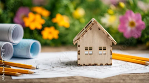 Obraz Small wooden house model placed on architectural blueprints surrounded by rolled plans and pencils with colorful flowers in the background, symbolizing home design and planning con