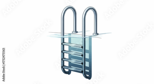 A realistic vector illustration of a stainless steel swimming pool ladder with handrails submerged in clear water