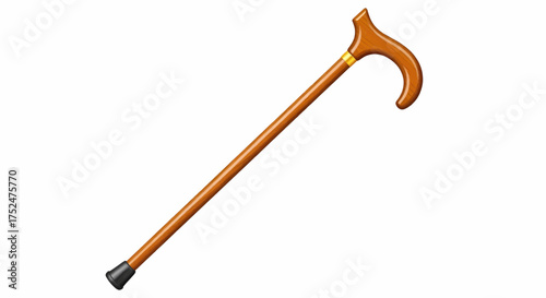 Elegant brown wooden walking stick with a comfortable grip handle, isolated mobility support aid vector illustration