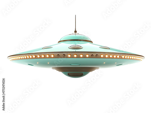 Sleek retro flying saucer with glowing lights on black backdrop