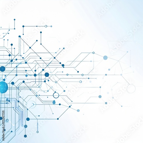 Abstract Blue Digital Circuitry Illustration with Connected Dots Lines and Geometric Shapes on White Background