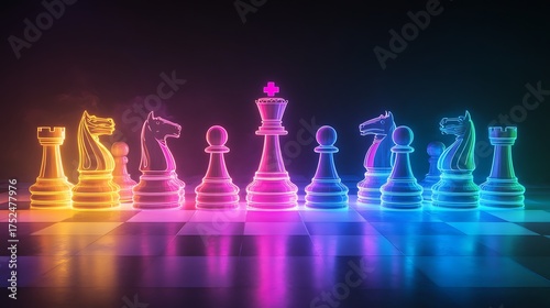 Chess Game Strategy and Innovation: A captivating display of chess pieces, radiating vibrant neon colors against a dark backdrop, symbolizing strategy, intelligence, and calculated moves.