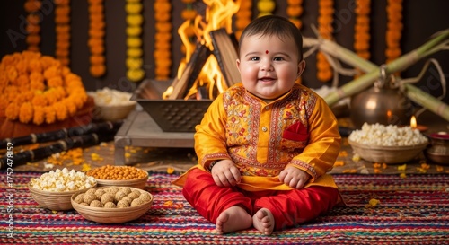 Baby wearing traditional dress enjoying Lohri celebration on a colorful rug near a fire with festive decorations