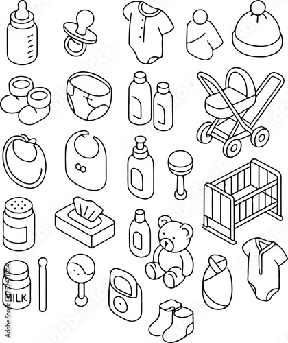 set of various icons on the theme of care and concern for newborns, isogelia and line art styles, for various applications