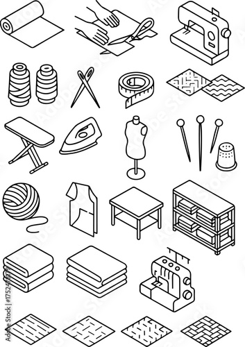 set of various sewing-themed icons with tools and equipment used for sewing clothes, isogelia and line art styles, for various applications