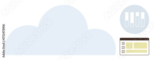 Large cloud shape with a bar chart and a web dashboard interface. Ideal for data management, analytics, cloud computing, SaaS, organization, data visualization, simple flat metaphor