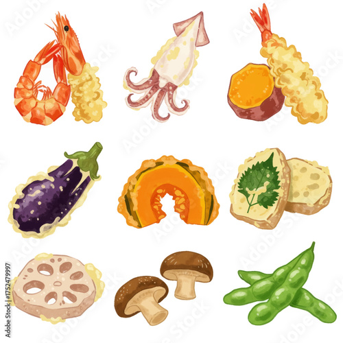 Array of Japanese deep-fried delicacies including shrimp, squid, eggplant, lotus root, and sweet potato