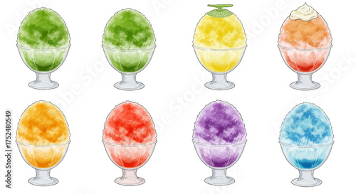 Assortment of colorful shaved ice desserts with various fruit flavors, presented in bowls on a white background
