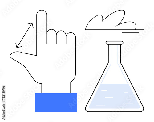 Hand making a measuring gesture beside a laboratory flask with liquid and a cloud sketch. Ideal for measurement, science, innovation, experimentation, education, analysis, creativity, simple flat
