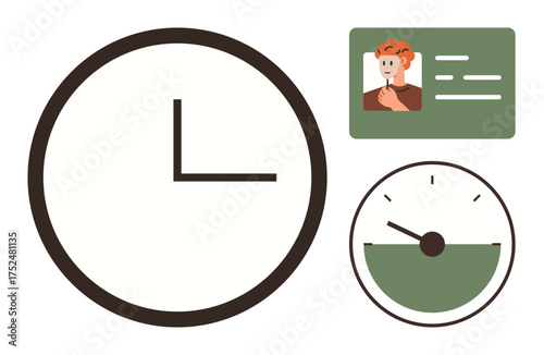 Large clock, ID card with person s photo, and speedometer gauge suggest time management, identity verification, and productivity. Ideal for schedules, workflow, efficiency, deadlines documentation