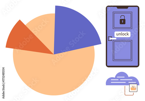 Pie chart showing data distribution, secure door with lock and unlock options, and cloud storage with document icon. Ideal for analytics, cybersecurity, access control, data visualization, cloud
