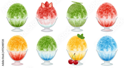 Deliciously refreshing shaved ice desserts with assorted fruit toppings presented in clear glass bowls