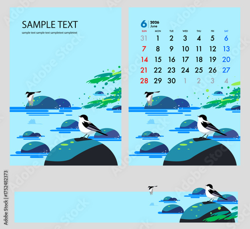 水辺の鳥の背景の6月の夏のカレンダーと表紙デザインとバナー