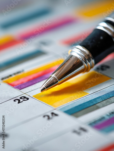 A ballpoint pen resting on a colorful planned calendar highlighting important dates and events for organized scheduling and time management tasks