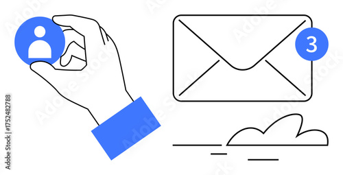 Hand holding user profile icon, envelope with notification badge, and abstract cloud. Ideal for communication, email marketing, notifications, messaging, user management, cloud storage digital