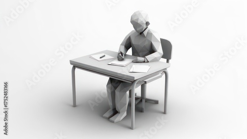 A monochrome polygonal figure sits at a desk, writing on paper; minimalist, conceptual art