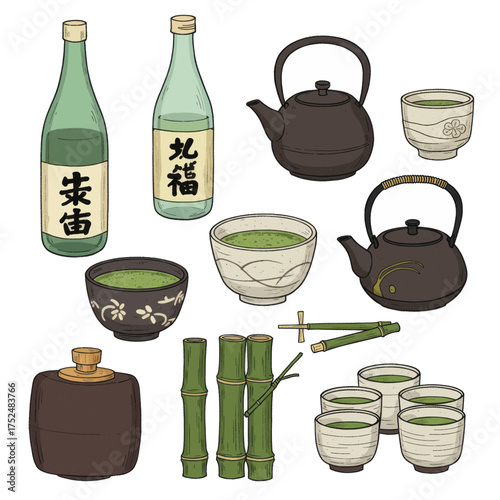 Traditional Japanese tea ceremony set with tea, teapots, cups, and bamboo