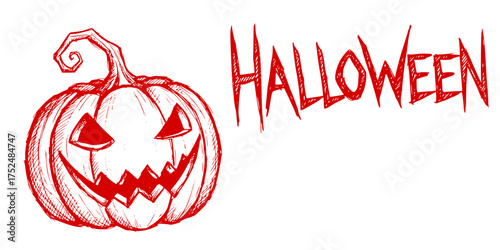 Spooky Halloween pumpkin illustration with menacing grin and red text  