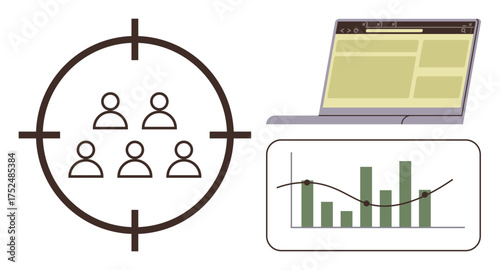 Circle with people icon in focus, laptop interface with page elements, and analytics chart. Ideal for marketing, data analysis, audience research, planning, productivity, targeting simple flat
