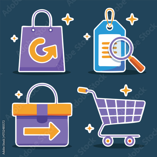 A vibrant set of e-commerce icons featuring a shopping cart, bag, search tag, and delivery symbol for online retail websites and applications