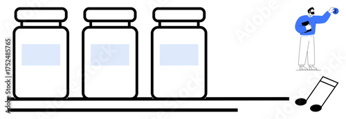 Three medicine bottles on a shelf, a scientist analyzing a vial, and music notes. Ideal for science, medicine, research, innovation, creativity, art-science fusion and scientific discovery metaphor
