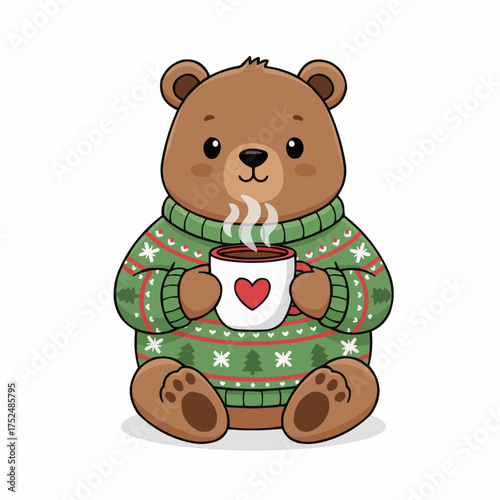 Cute kawaii bear wearing cozy sweater holding hot chocolate cup heart design festive warmth