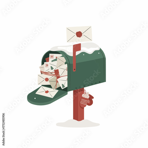 Festive green mailbox overflowing with christmas letters and snow vector illustration