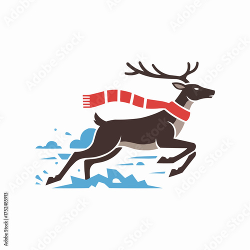 Festive reindeer illustration with red scarf running through snow snowy winter scene vector graphic
