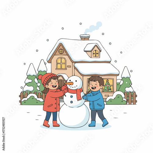 Joyful children building a snowman winter scene illustration vector scalable eps