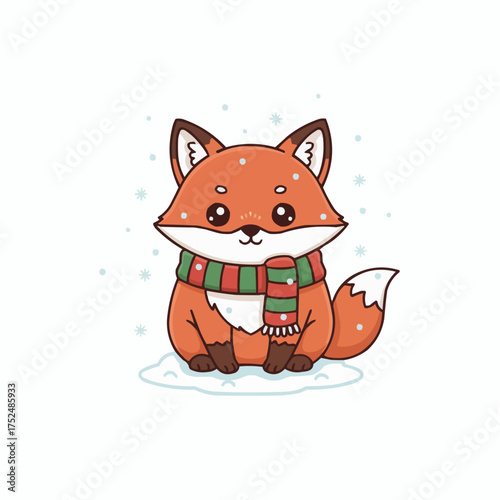 Cute cartoon fox wearing a striped scarf sitting in the snow vector illustration