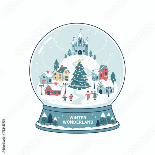 Charming winter wonderland snow globe illustration with festive village and castle perfect for holiday design