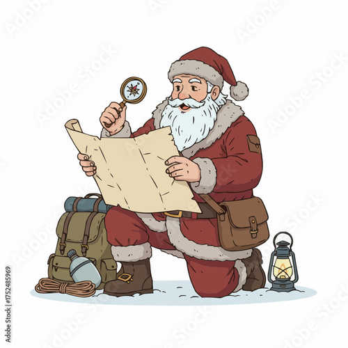 Christmas santa claus reading map with lantern and bag vector illustration for holiday celebrations